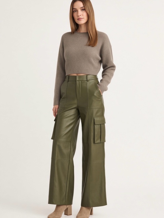 Reitmans Pants - Reitmans Olive Green Faux Leather Wide-Leg Cargo Pants